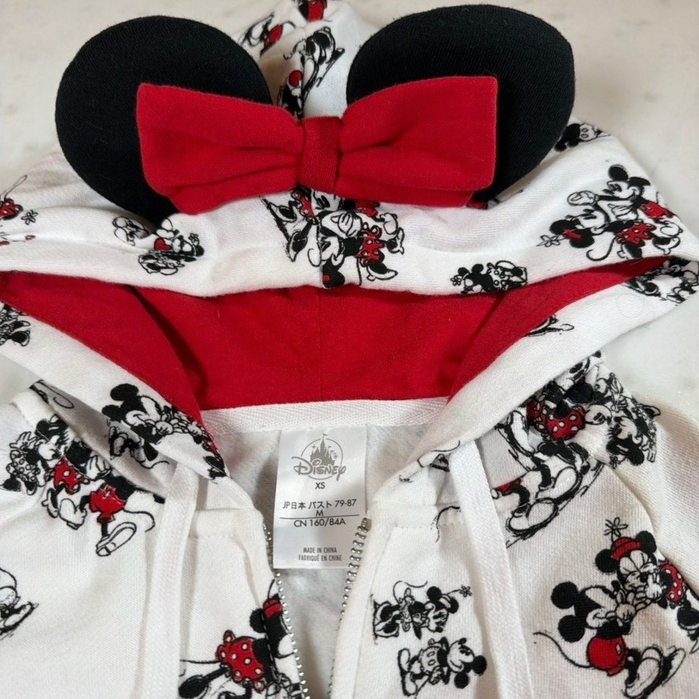 Disney Mickey Minnie Zip‎ Hoodie Womens XS White Red All Over Print 3D Ears Bow